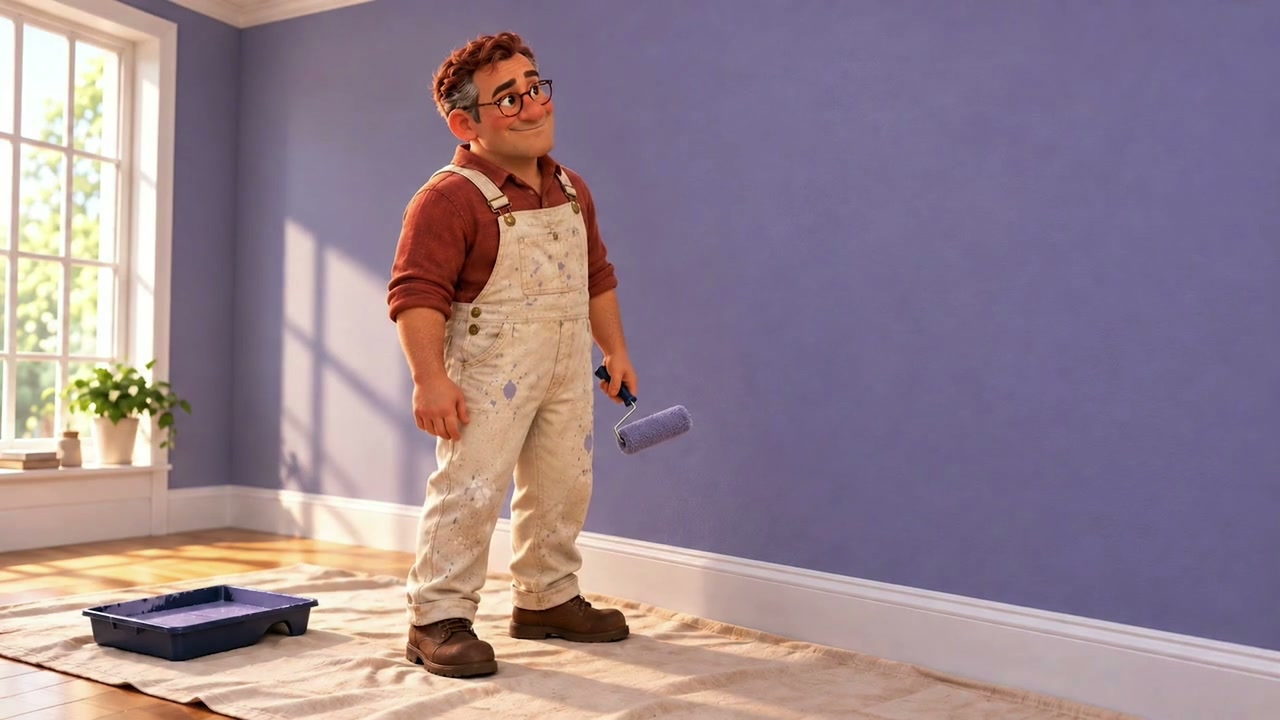 An original cartoon decorator in glasses and paint-marked overalls, standing beside a freshly painted lavender wall.